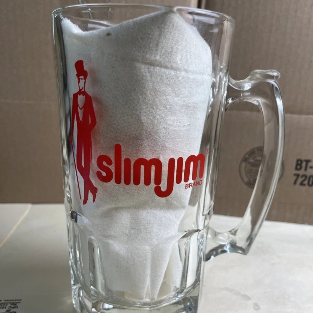 Slim Jim Advertising Glass Beer Mug 32 oz Barware Man Cave